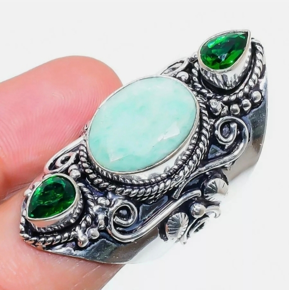 New Huge Chrysoprase and Peridot 925 Silver Statement Ring. - Picture 9 of 16